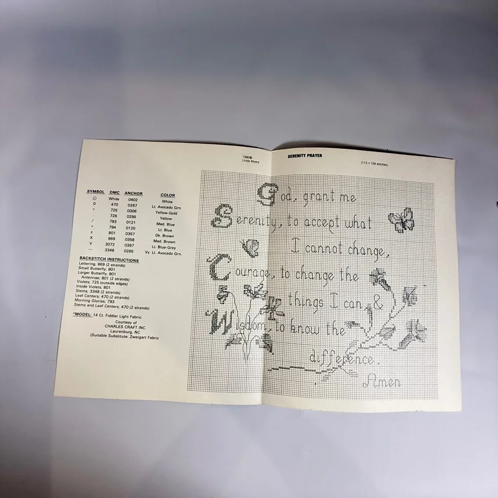 VTG Linda Myers Serenity Prayer Cross Stitch Pattern Chart Religious Cottagecore